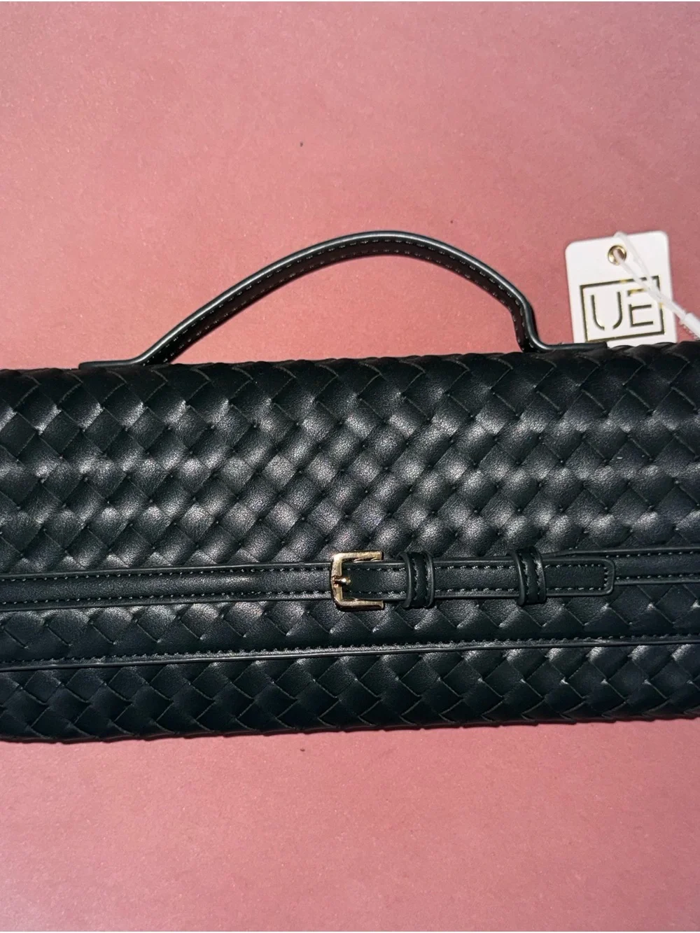 UE hunter green Woven Leather Top-Handle Belt-Accent Clutch
